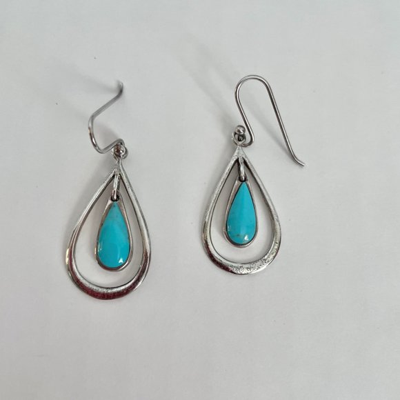 925 Sterling Silver Turquoise Earrings Dangle Drop Teardrop Signed SX Sally C - Picture 2 of 8